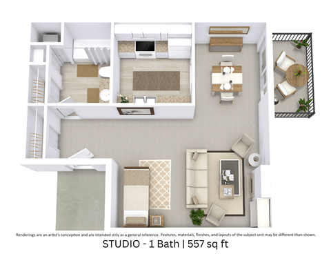 Floor plan for studio, 1 bath, 557 sqft